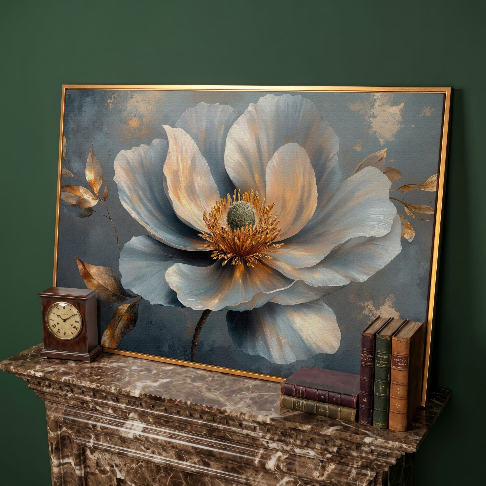 Abstract Floral Canvas in Gray and Gold in antique gold floating frame