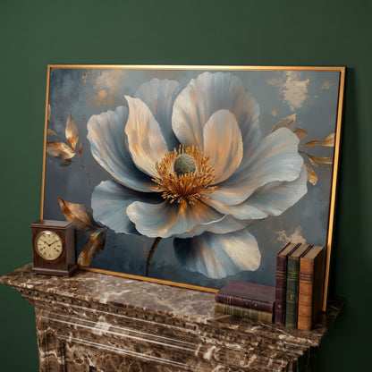 Abstract Floral Canvas in Gray and Gold in antique gold floating frame