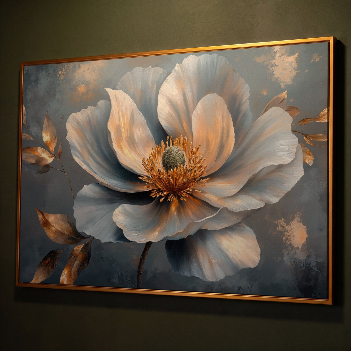 Abstract Floral Canvas in Gray and Gold shown in antique gold floating frame