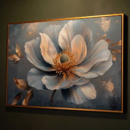 Abstract Floral Canvas in Gray and Gold shown in antique gold floating frame