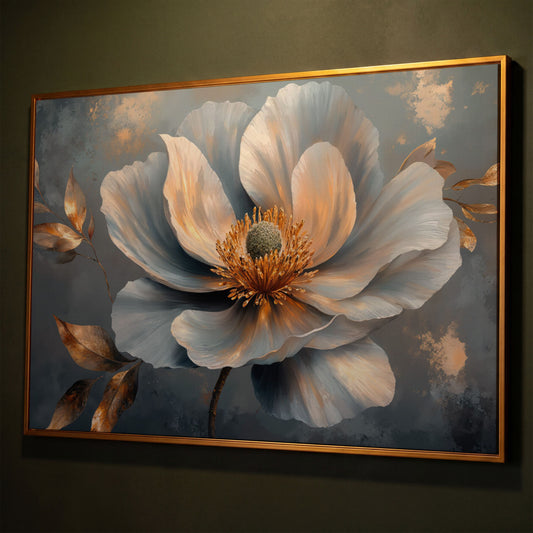 Abstract Floral Canvas in Gray and Gold shown in antique gold floating frame