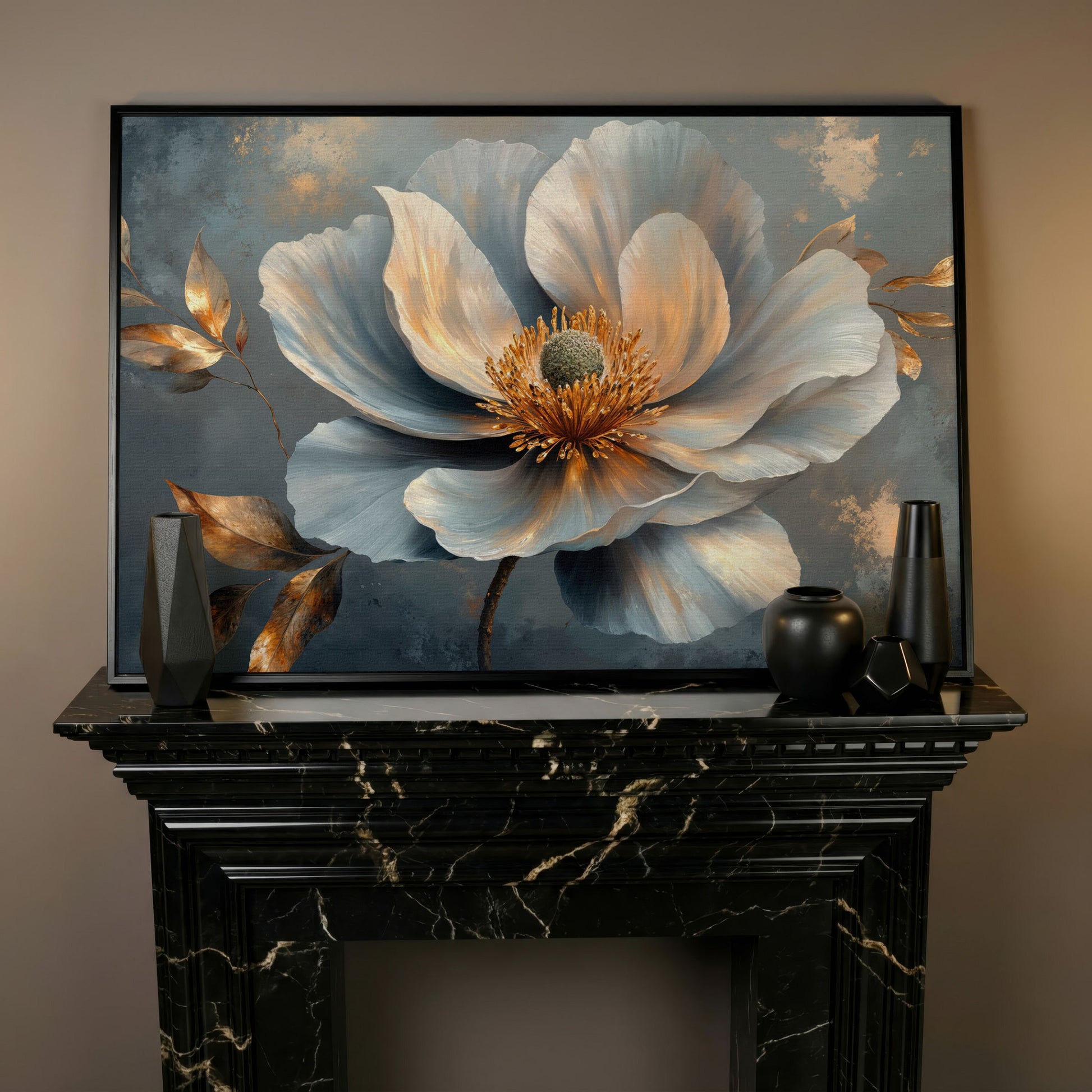 Abstract Floral Canvas in Gray and Gold in black floating frame