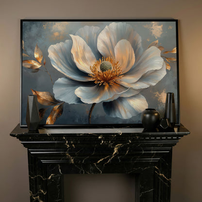 Abstract Floral Canvas in Gray and Gold in black floating frame