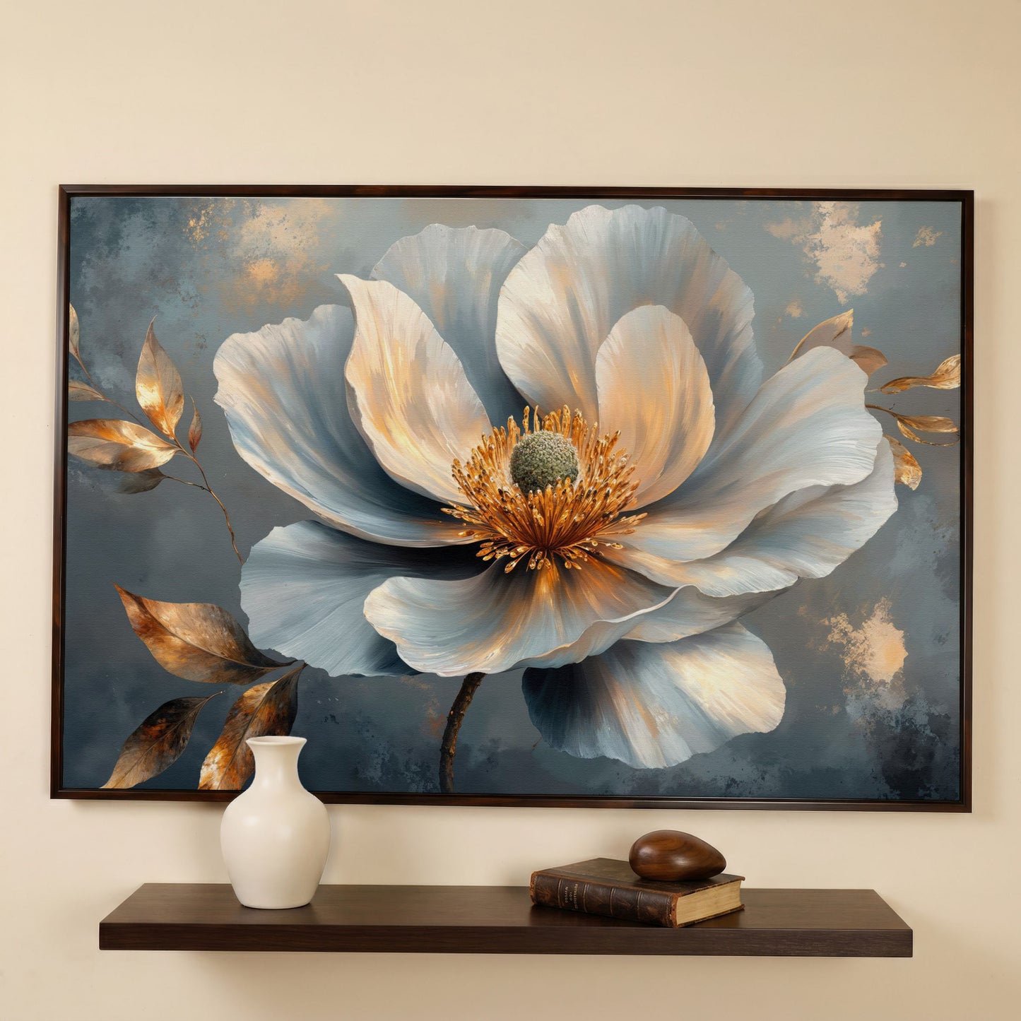 Abstract Floral Canvas in Gray and Gold in dark walnut floating frame