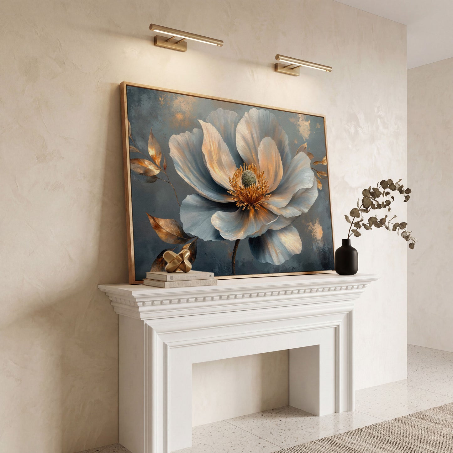 Abstract Floral Canvas in Gray and Gold in white oak floating frame