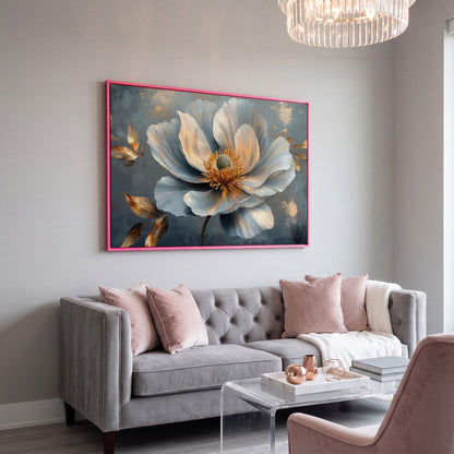 Abstract Floral Canvas in Gray and Gold in pink floating frame