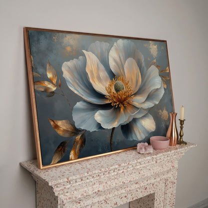 Abstract Floral Canvas in Gray and Gold in rose gold floating frame