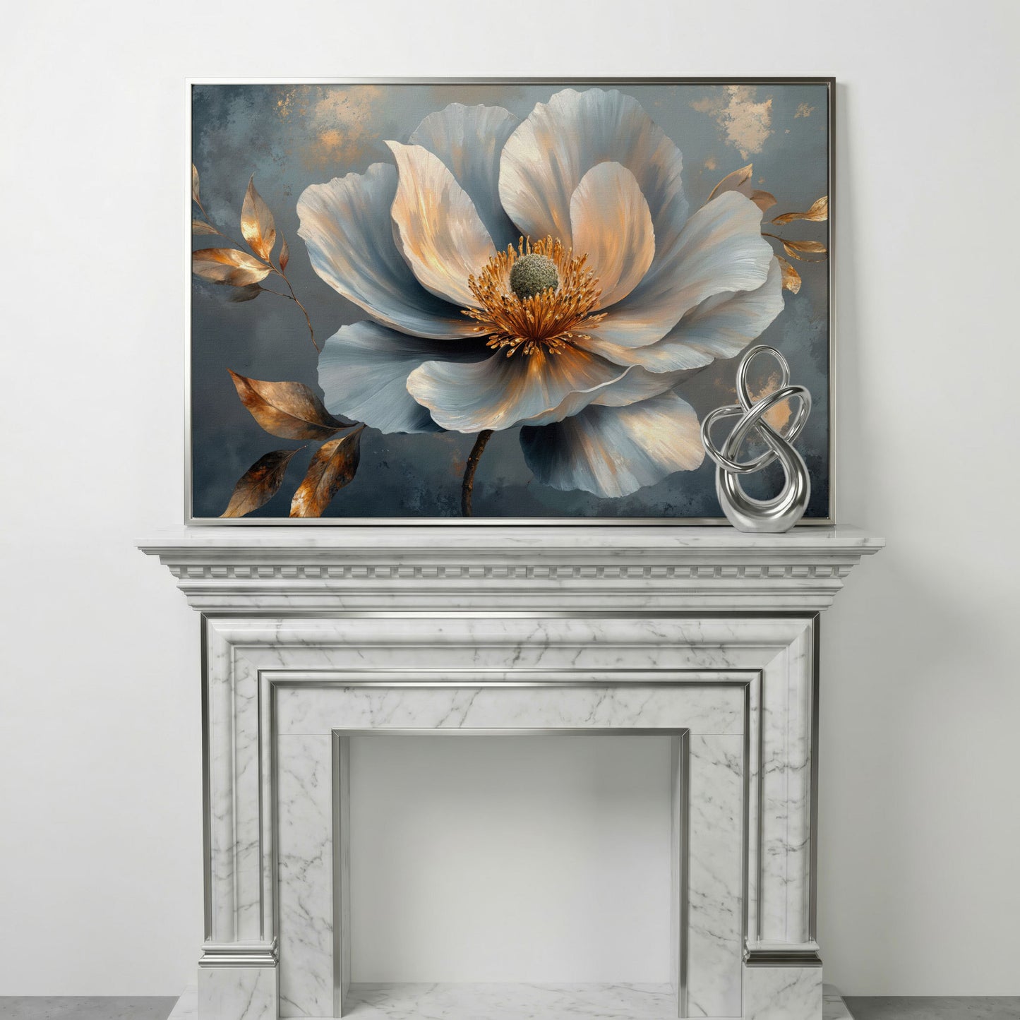 Abstract Floral Canvas in Gray and Gold in silver floating frame