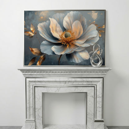 Abstract Floral Canvas in Gray and Gold in silver floating frame