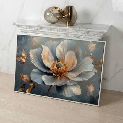 Abstract Floral Canvas in Gray and Gold in white floating frame