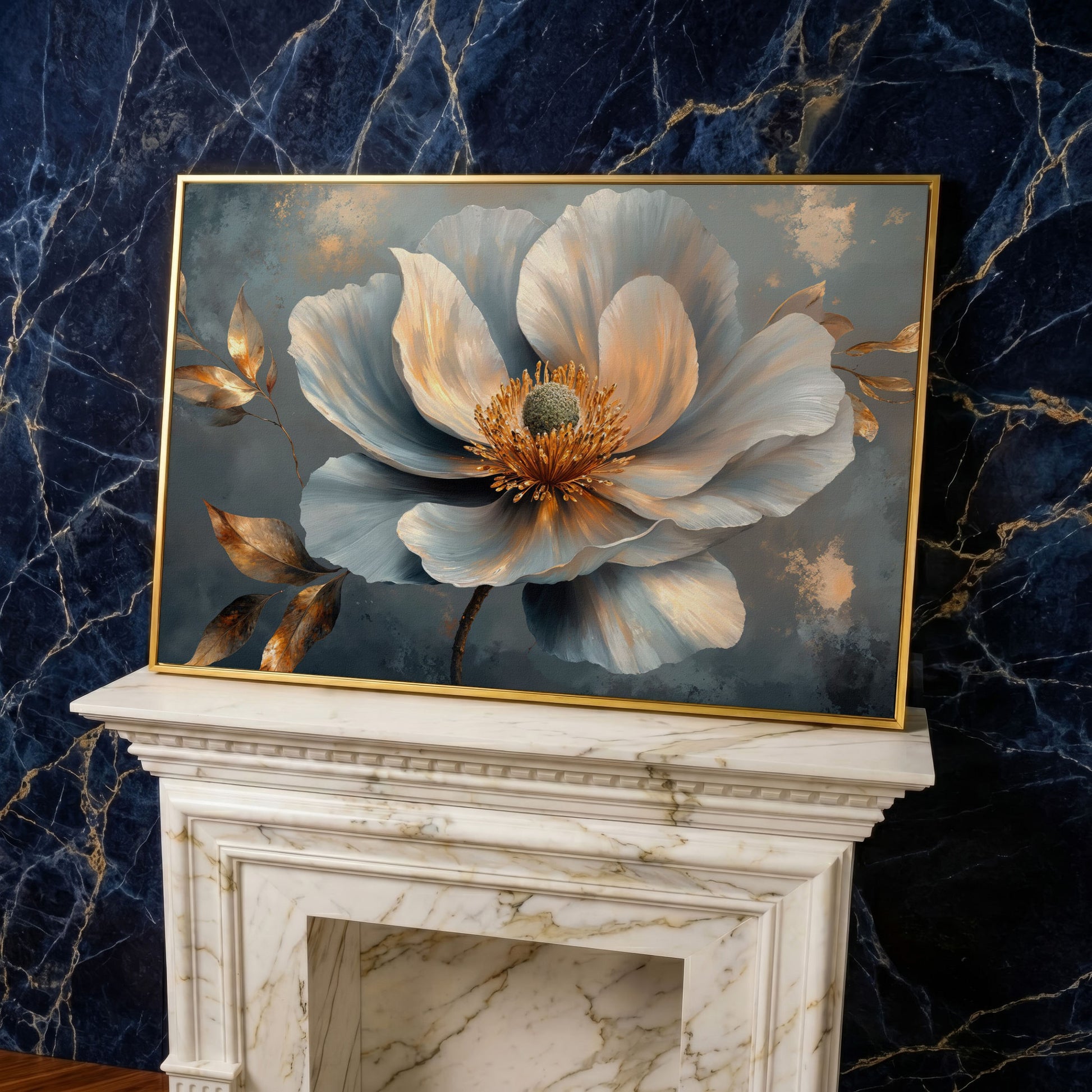 Abstract Floral Canvas in Gray and Gold in yellow gold floating frame