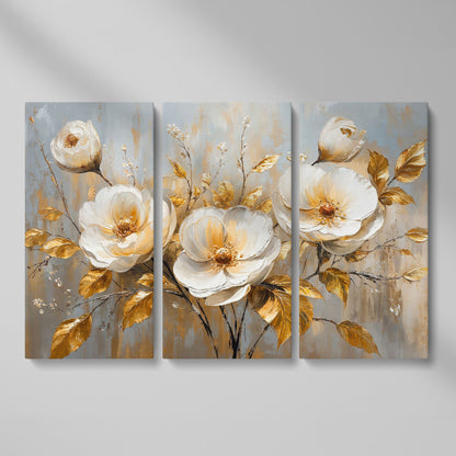 White Flowers with Gold Leaves Canvas as 3-panel split version