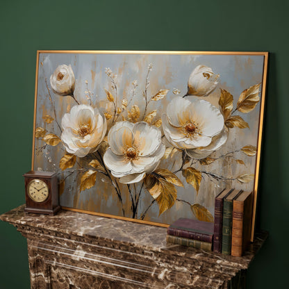 White Flowers with Gold Leaves Canvas in antique gold floating frame