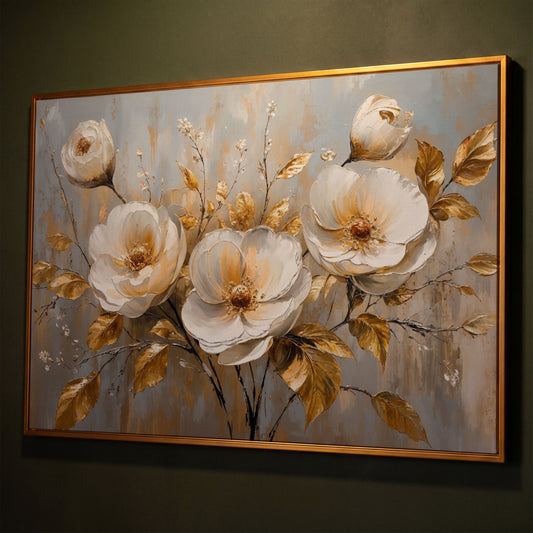 White Flowers with Gold Leaves Canvas shown in antique gold floating frame