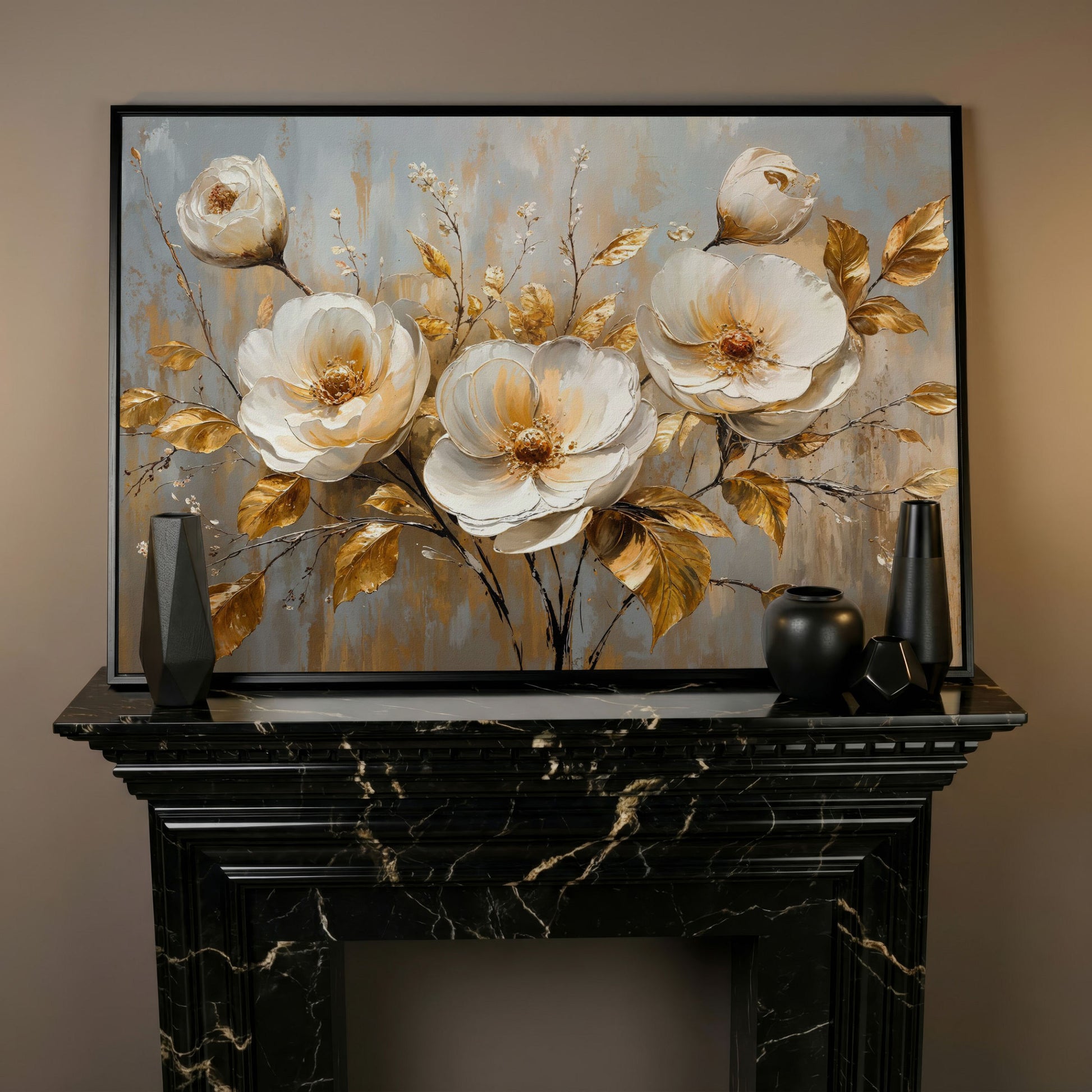 White Flowers with Gold Leaves Canvas in black floating frame