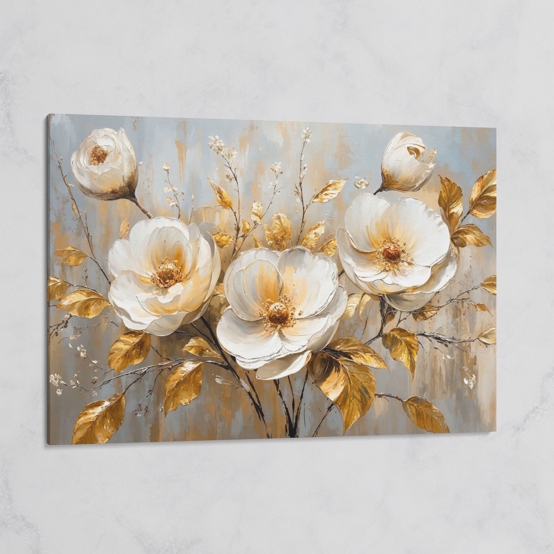 White Flowers with Gold Leaves Canvas on gallery wrap