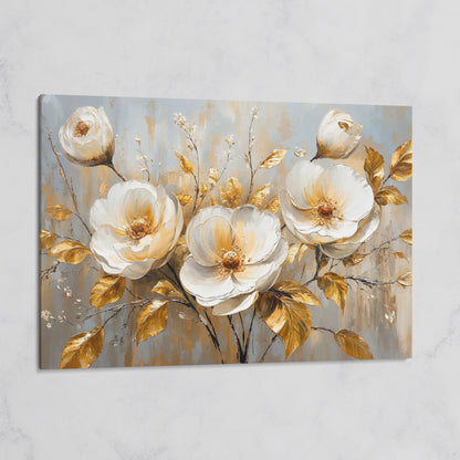 White Flowers with Gold Leaves Canvas on gallery wrap