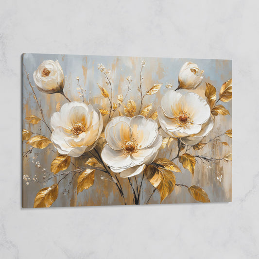 White Flowers with Gold Leaves Canvas on gallery wrap