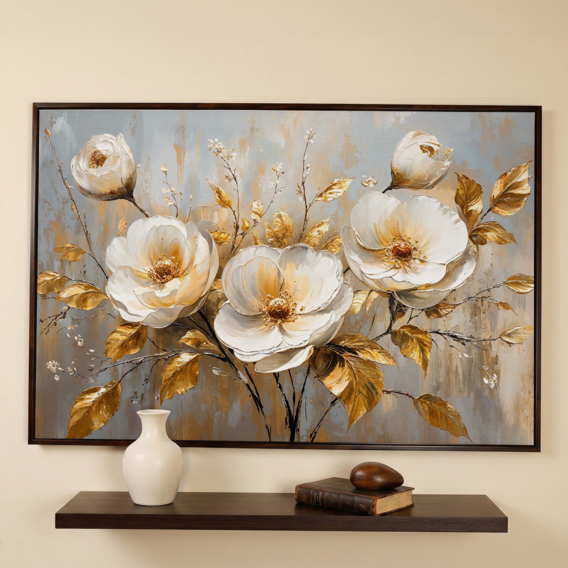 White Flowers with Gold Leaves Canvas in dark walnut floating frame