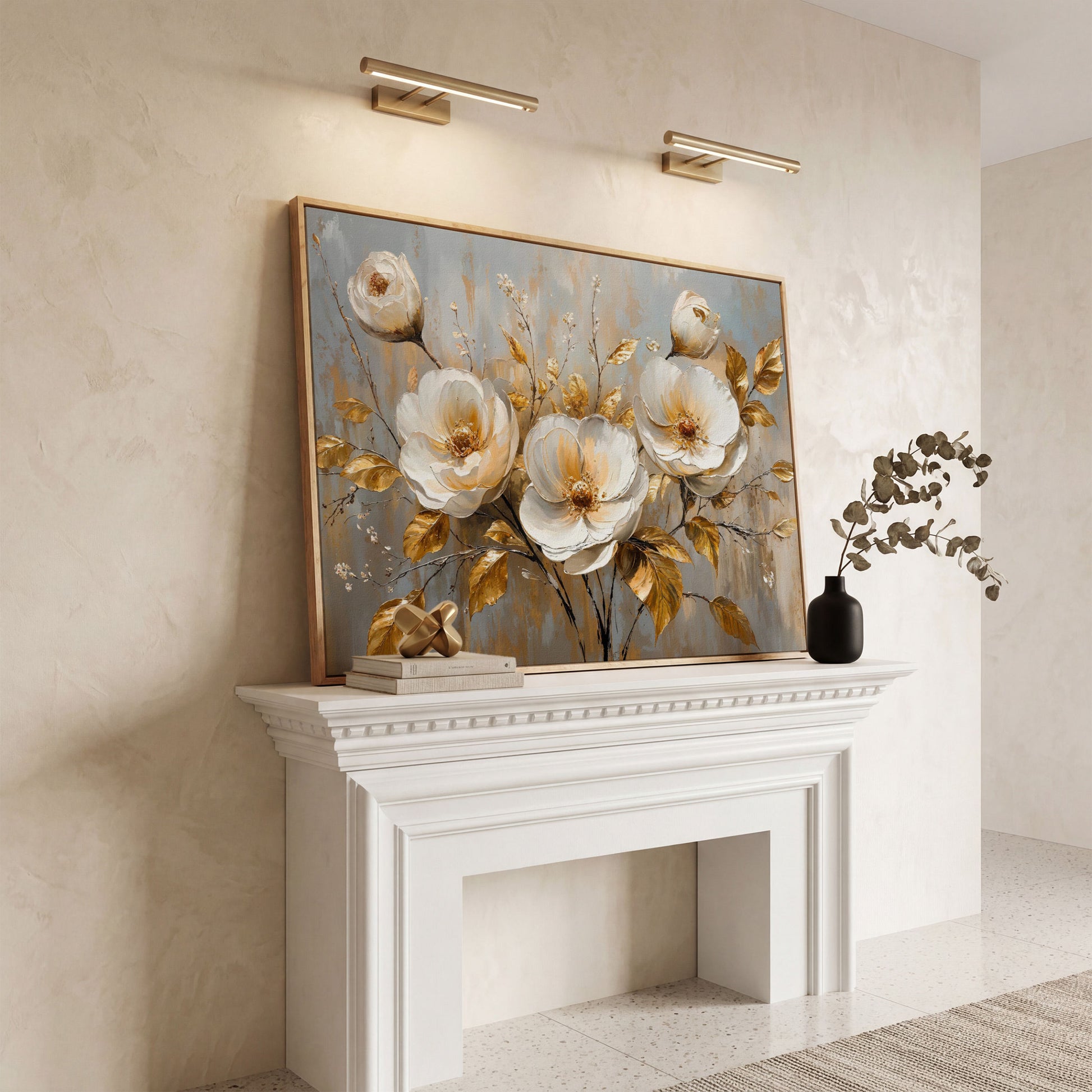 White Flowers with Gold Leaves Canvas in white oak floating frame