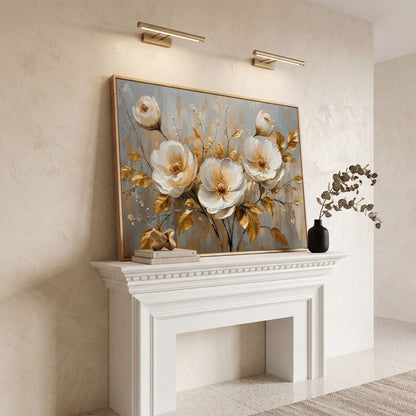 White Flowers with Gold Leaves Canvas in white oak floating frame