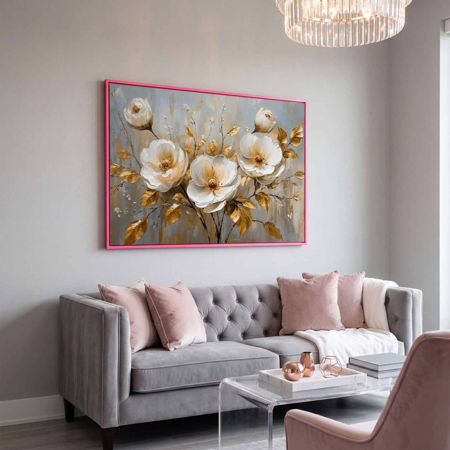 White Flowers with Gold Leaves Canvas in pink floating frame