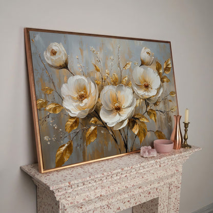 White Flowers with Gold Leaves Canvas in rose gold floating frame