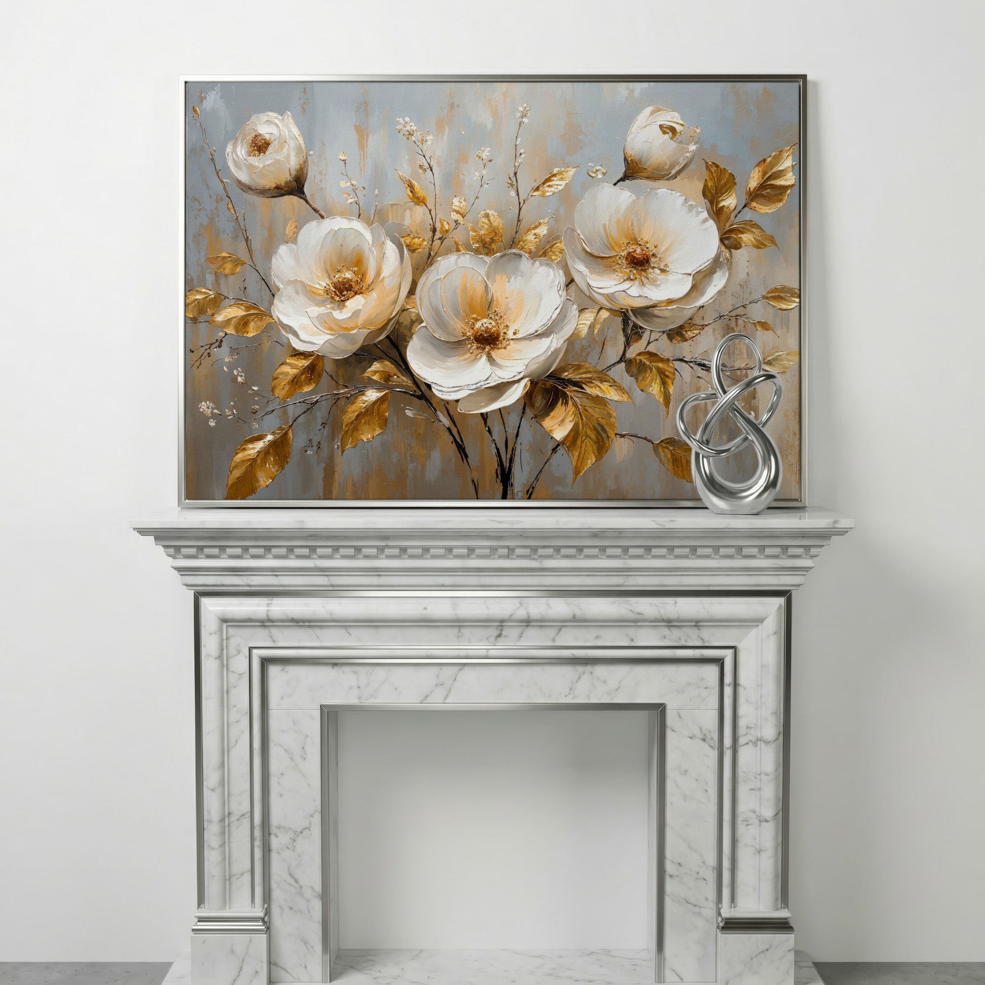 White Flowers with Gold Leaves Canvas in silver floating frame