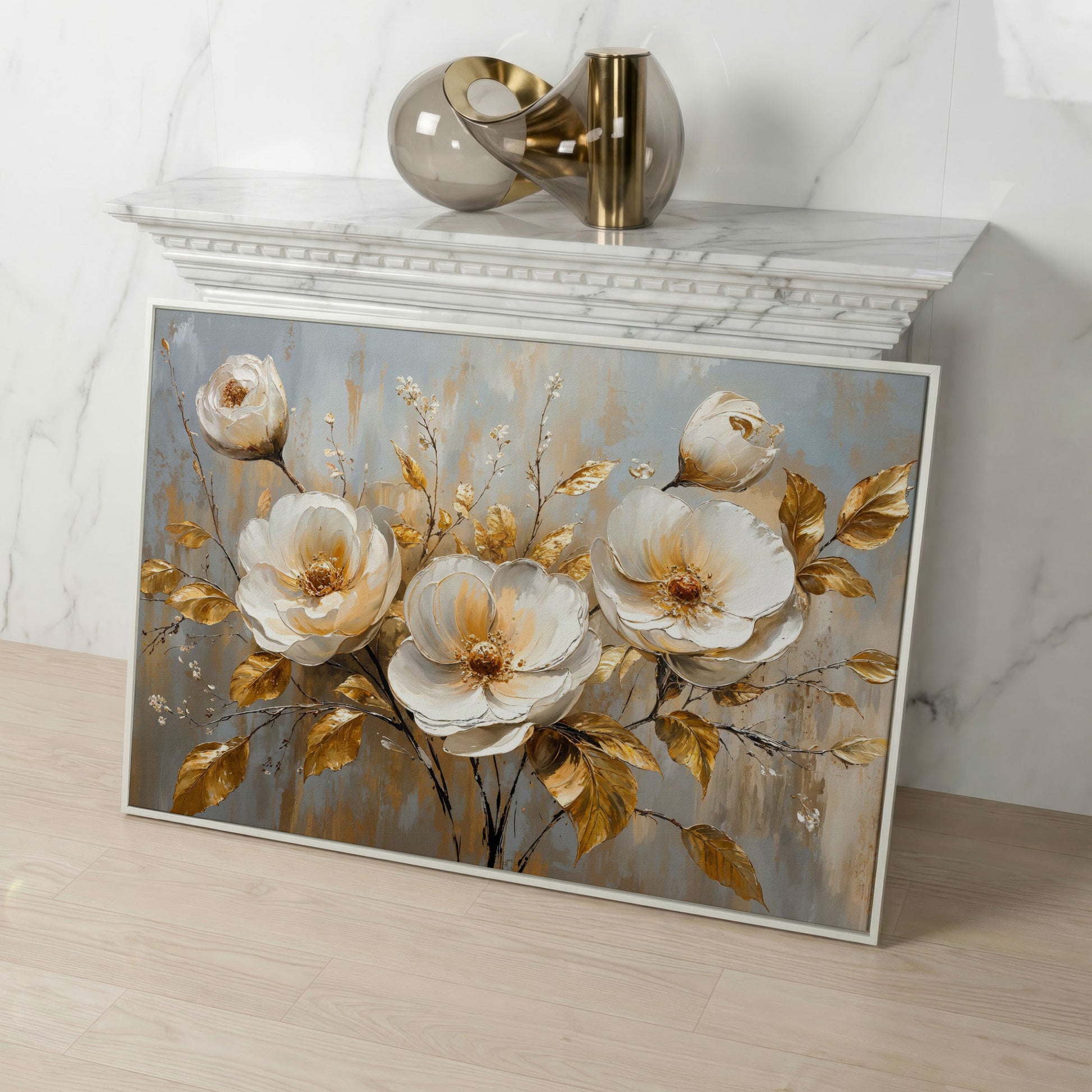 White Flowers with Gold Leaves Canvas in white floating frame