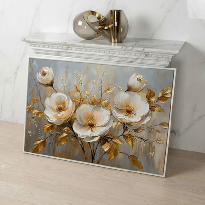White Flowers with Gold Leaves Canvas in white floating frame