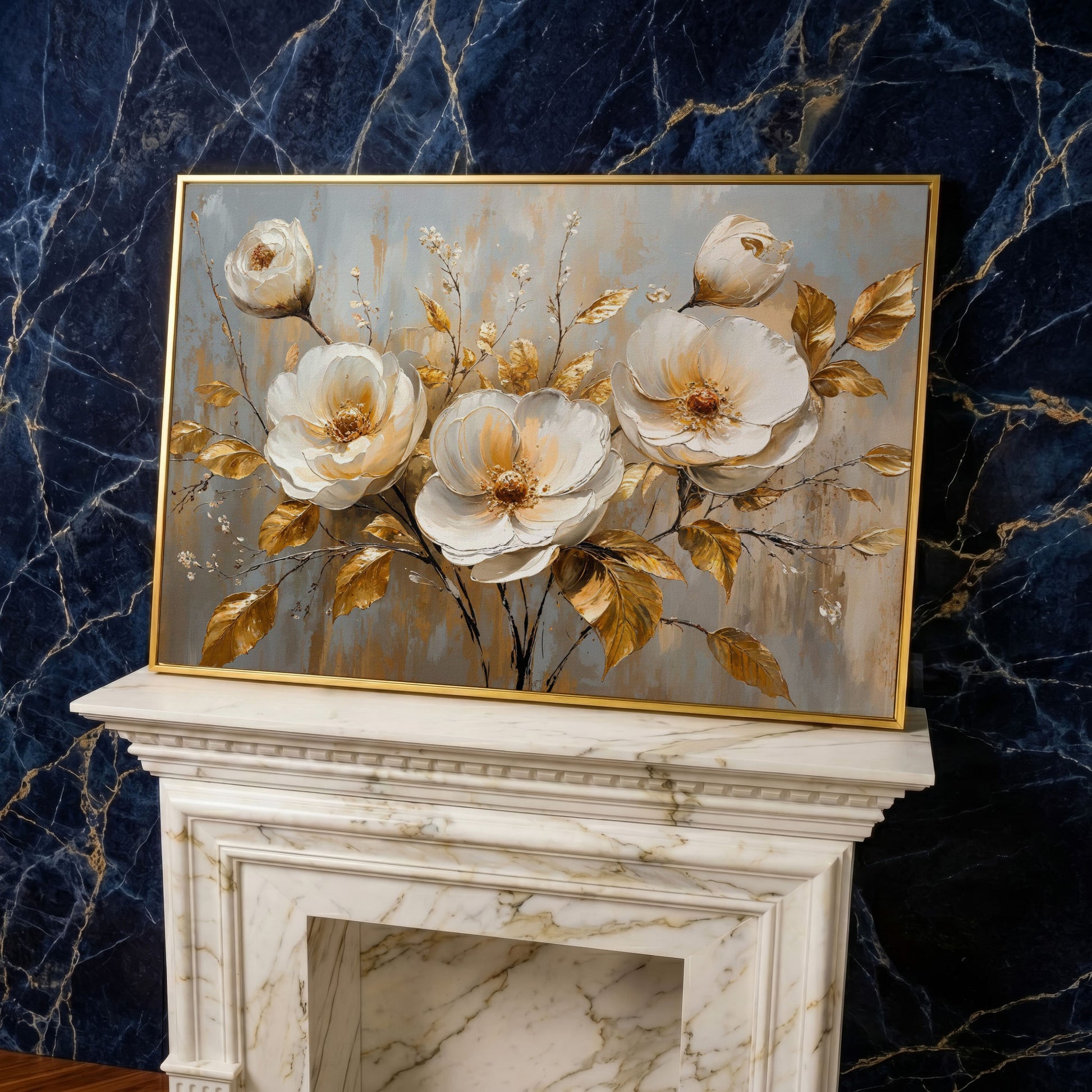 White Flowers with Gold Leaves Canvas in yellow gold floating frame