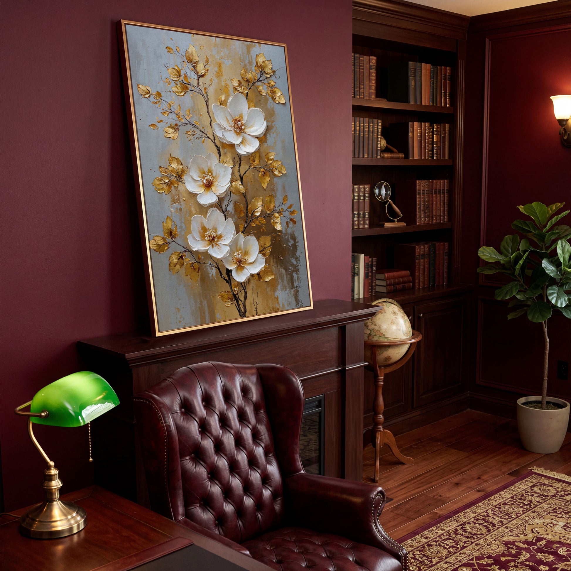 White and Gold Floral Canvas in antique gold floating frame