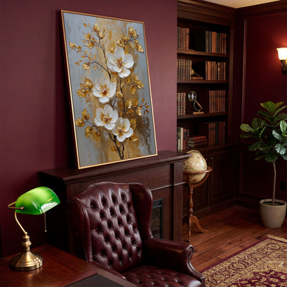 White and Gold Floral Canvas in antique gold floating frame