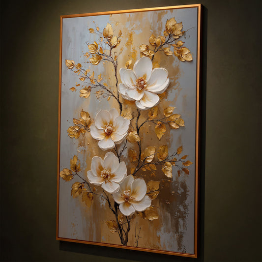 White and Gold Floral Canvas shown in antique gold floating frame