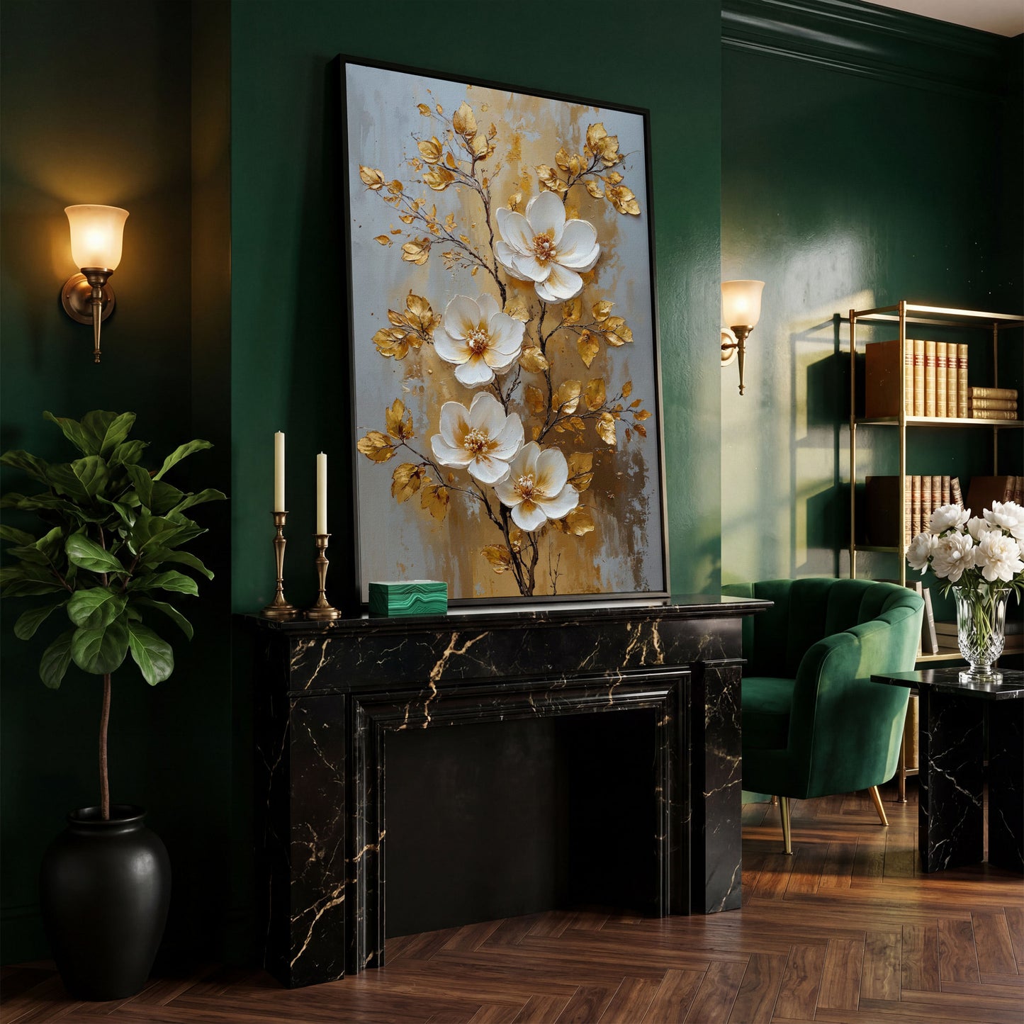 White and Gold Floral Canvas in black floating frame