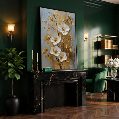 White and Gold Floral Canvas in black floating frame