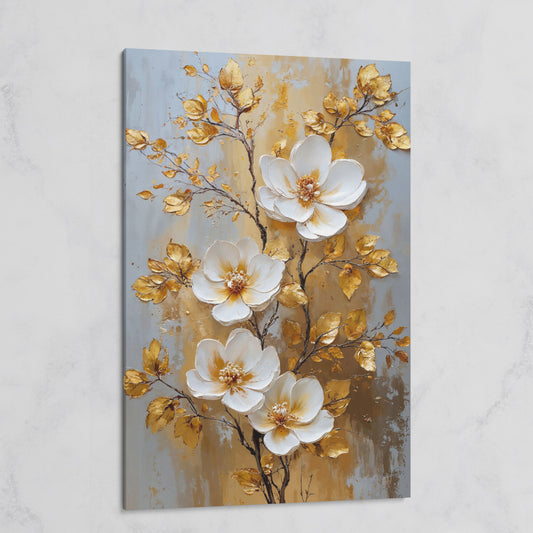 White and Gold Floral Canvas on gallery wrap