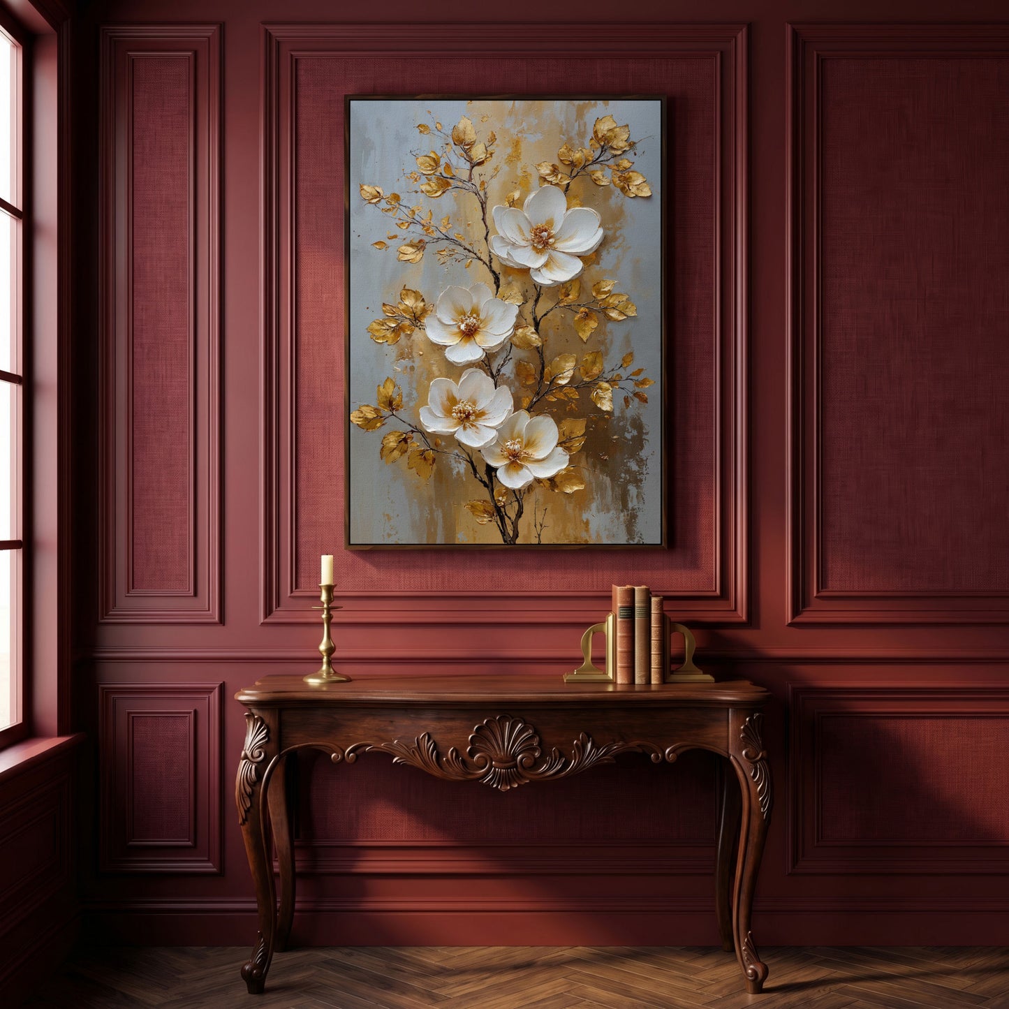 White and Gold Floral Canvas in dark walnut floating frame