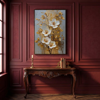 White and Gold Floral Canvas in dark walnut floating frame