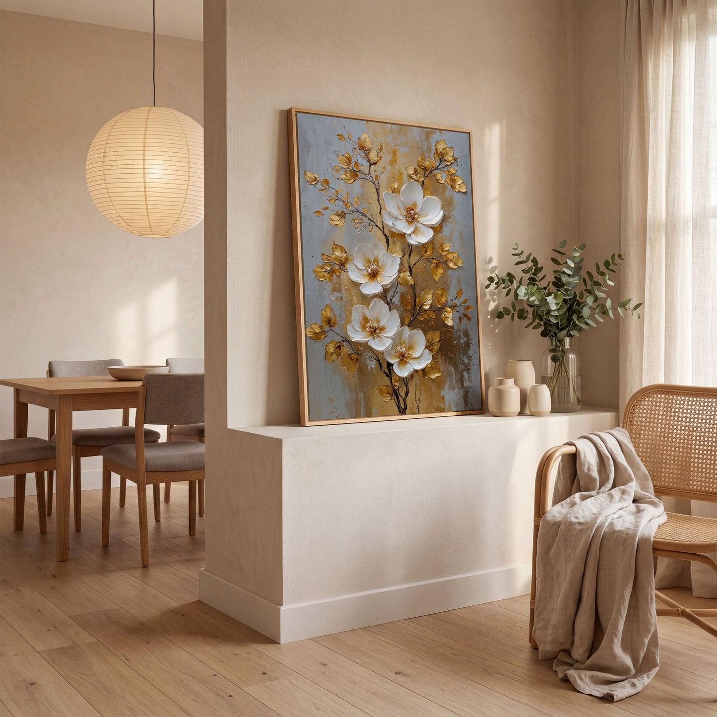 White and Gold Floral Canvas in white oak floating frame