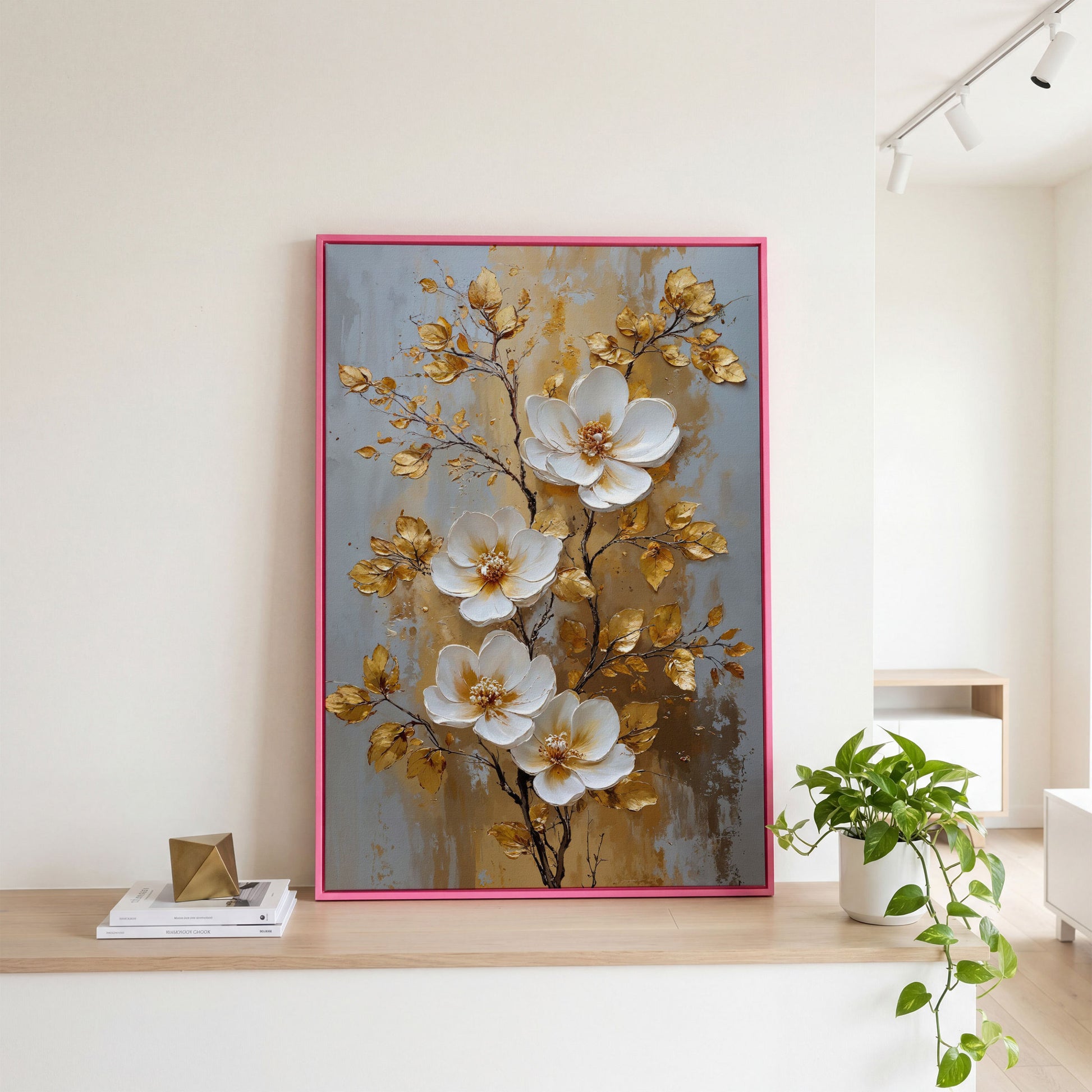 White and Gold Floral Canvas in pink floating frame
