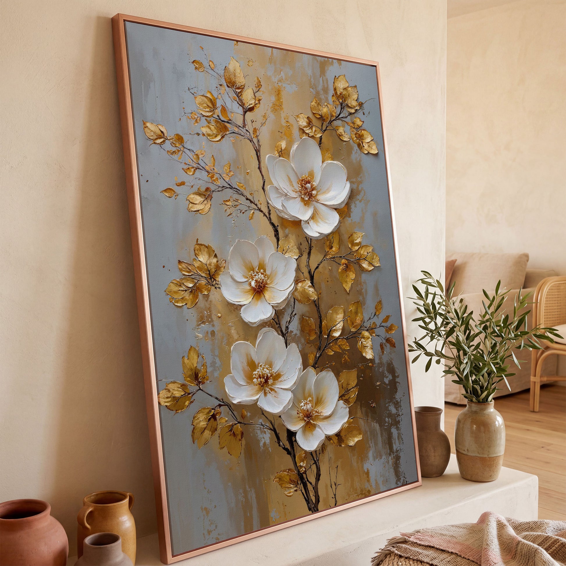 White and Gold Floral Canvas in rose gold floating frame