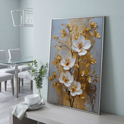 White and Gold Floral Canvas in silver floating frame