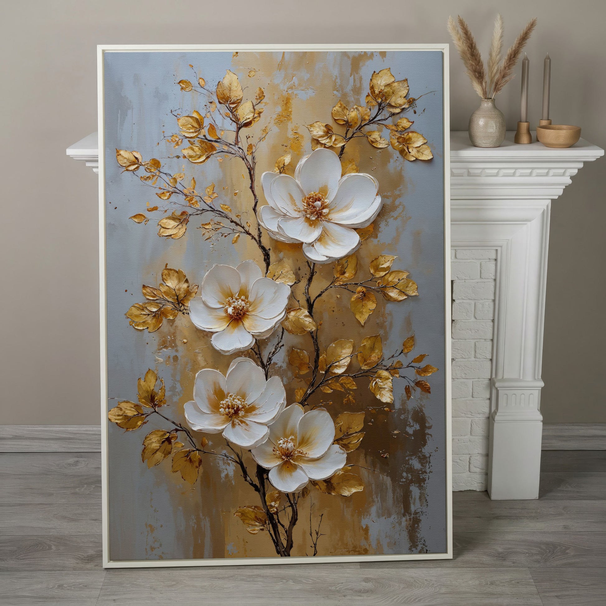 White and Gold Floral Canvas in white floating frame