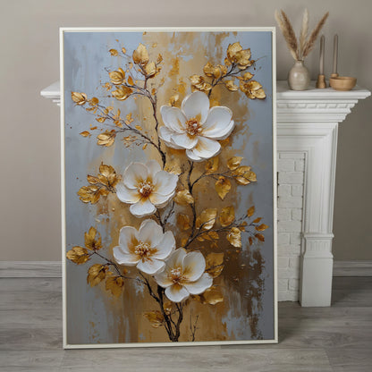 White and Gold Floral Canvas in white floating frame
