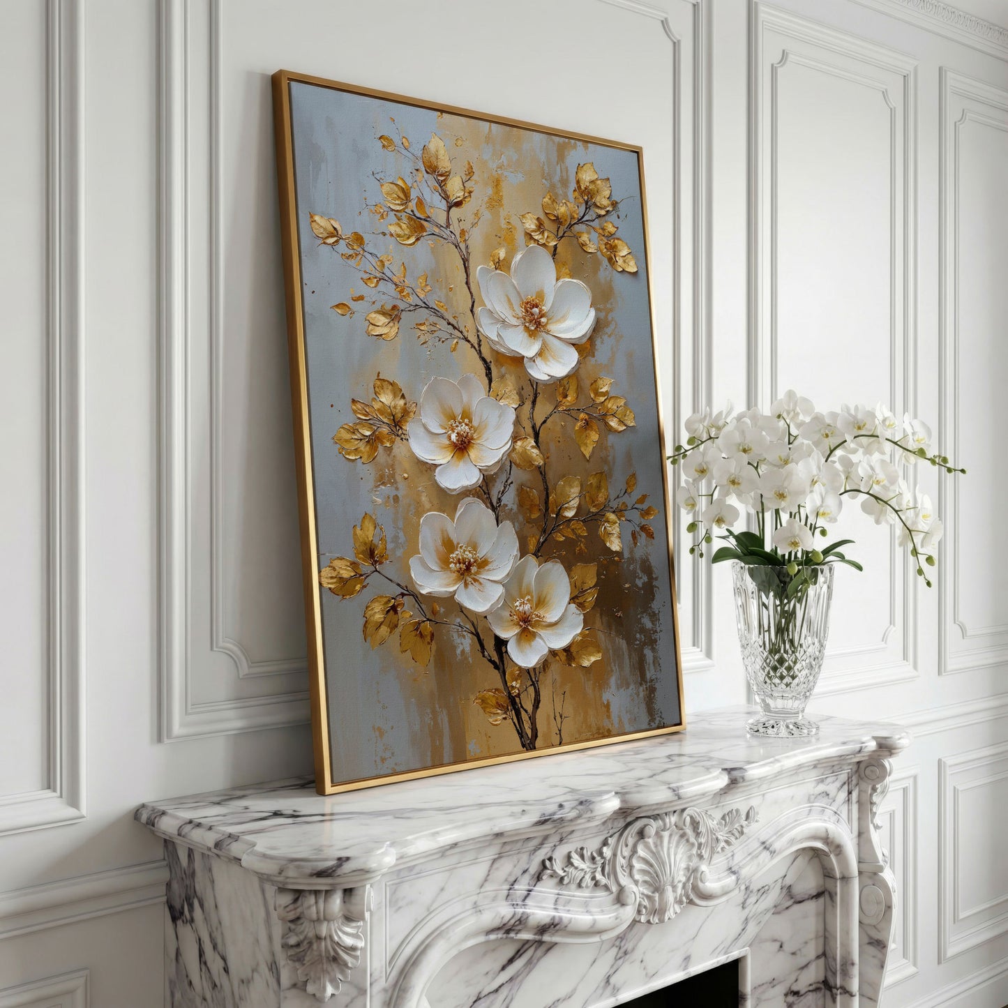 White and Gold Floral Canvas in yellow gold floating frame