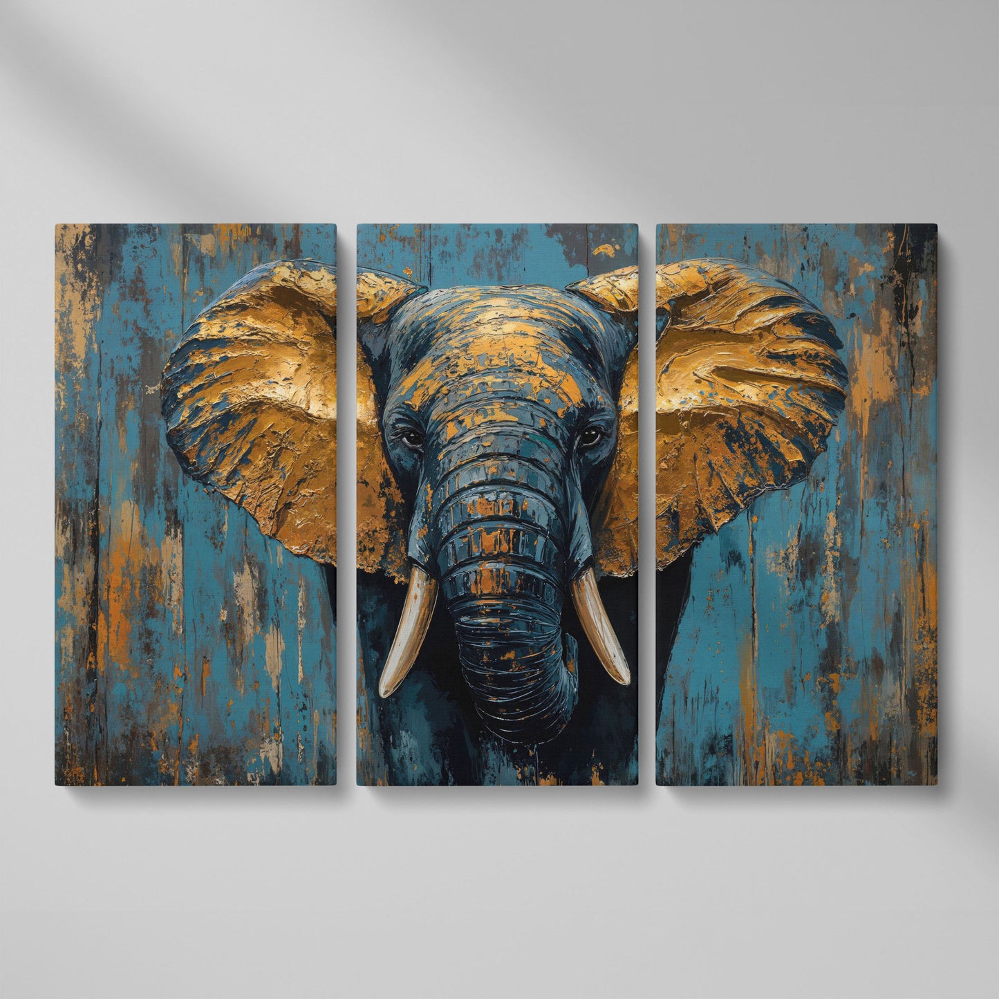 Elephant Portrait Canvas with Teal & Ochre as 3-panel split version