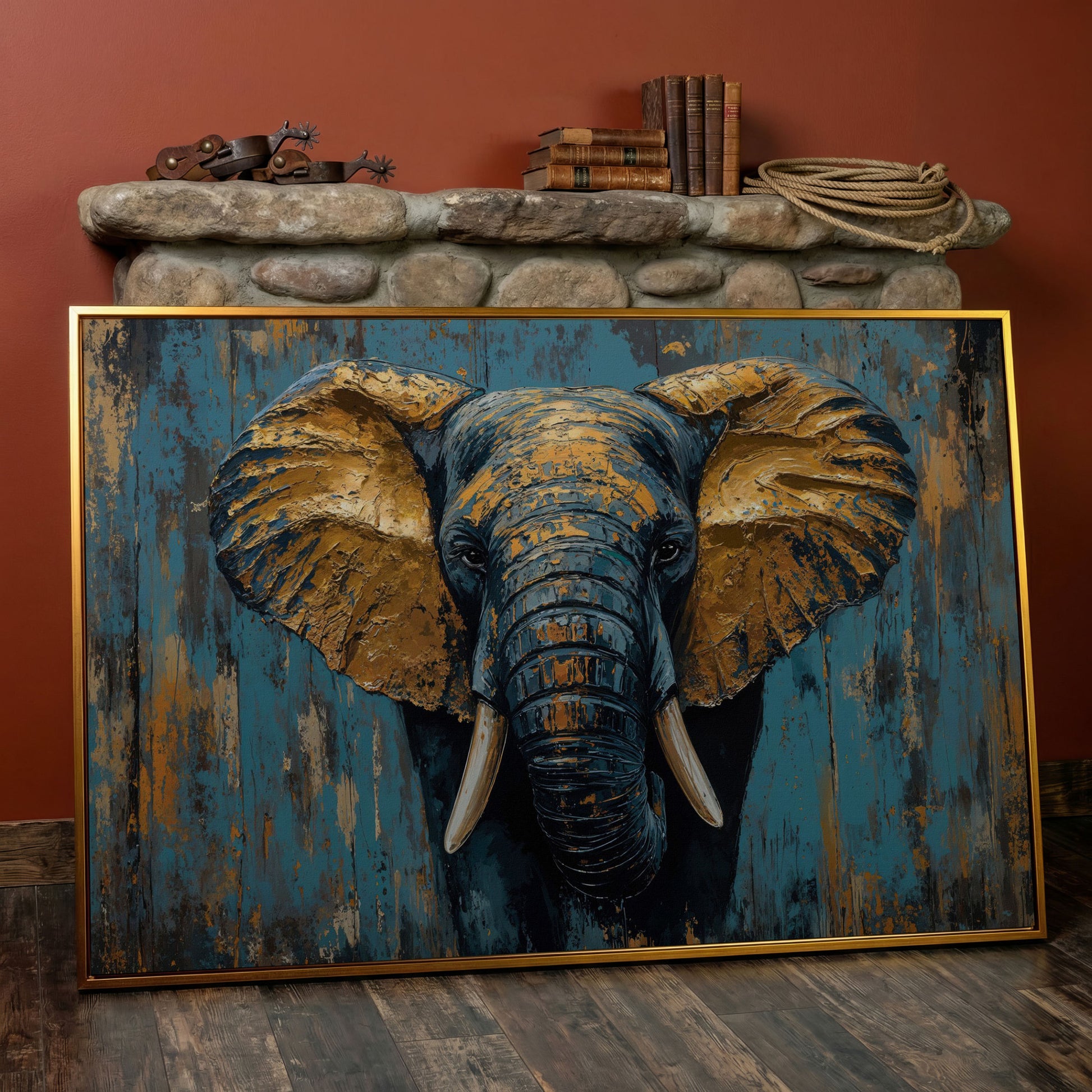 Elephant Portrait Canvas with Teal & Ochre in antique gold floating frame