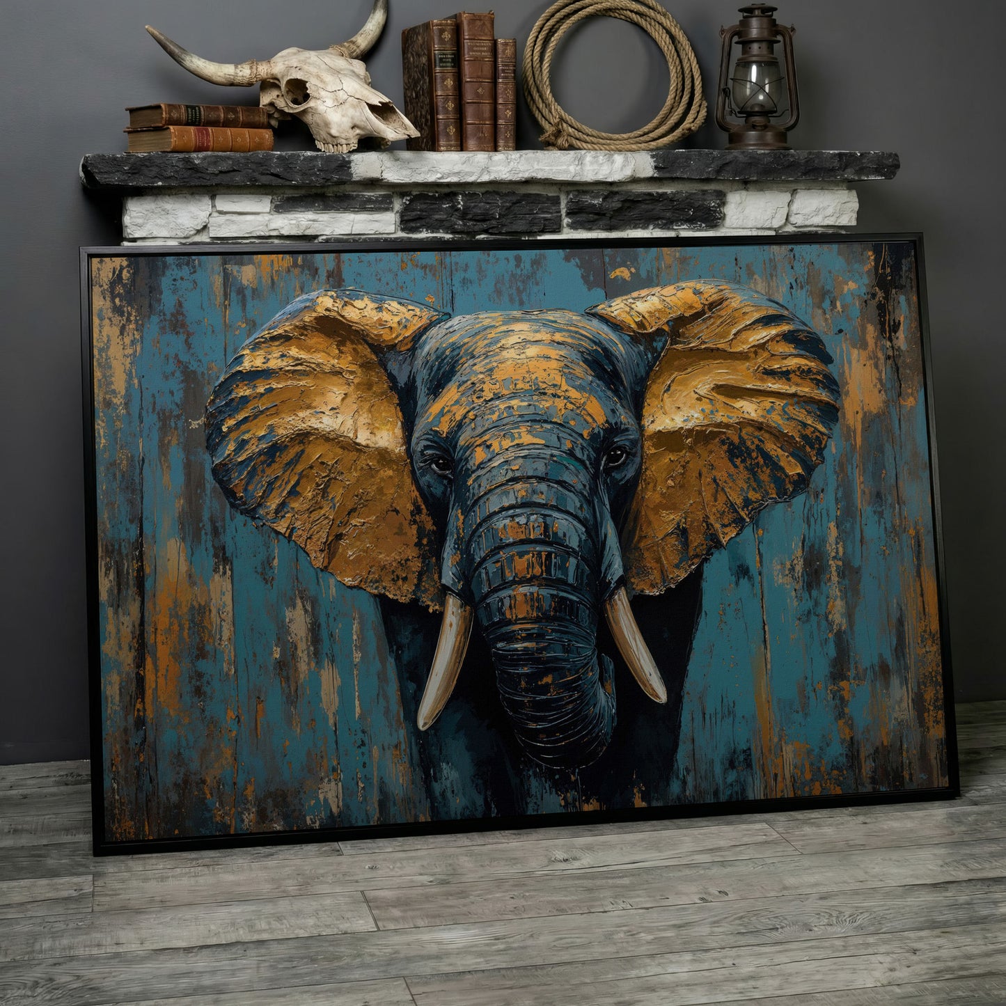 Elephant Portrait Canvas with Teal & Ochre in black floating frame