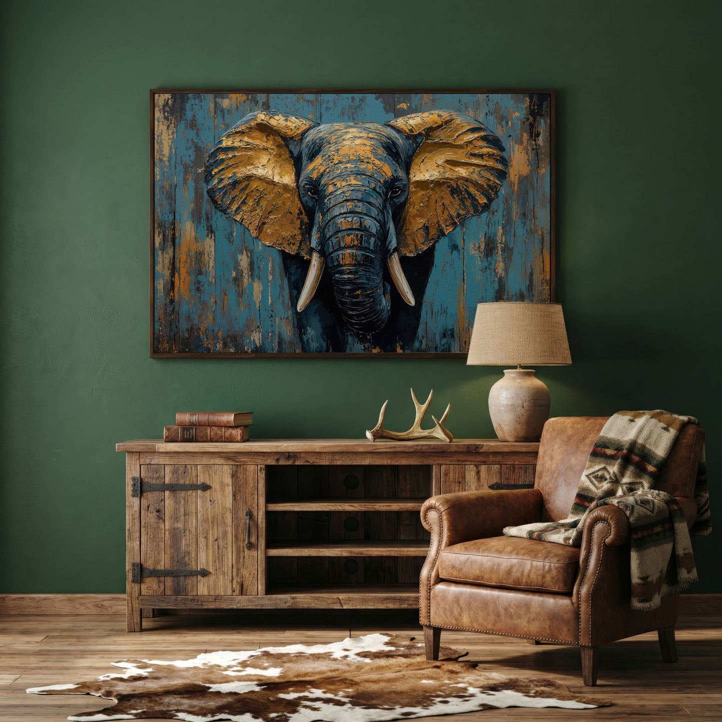 Elephant Portrait Canvas with Teal & Ochre in dark walnut floating frame